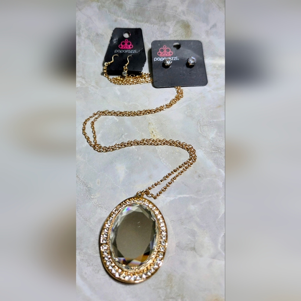 2 Piece paparazzi Gold Oval Crystal Pendant Necklace with Sparkling Halo